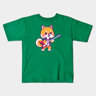 Cute Shiba Inu Playing Electric Guitar Cartoon Kids T-Shirt